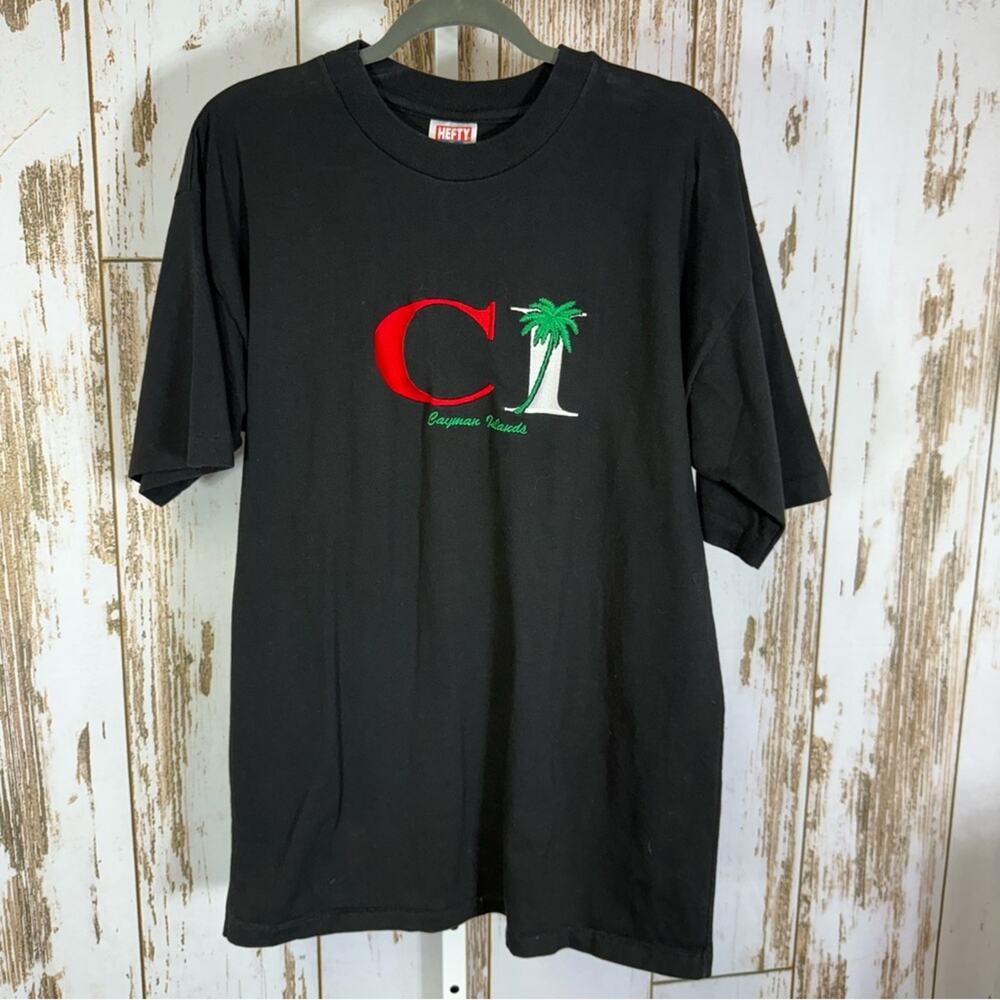 Hefty, Cayman Islands Embroidered Black Graphic Tee with Palm Design. Size XL.
